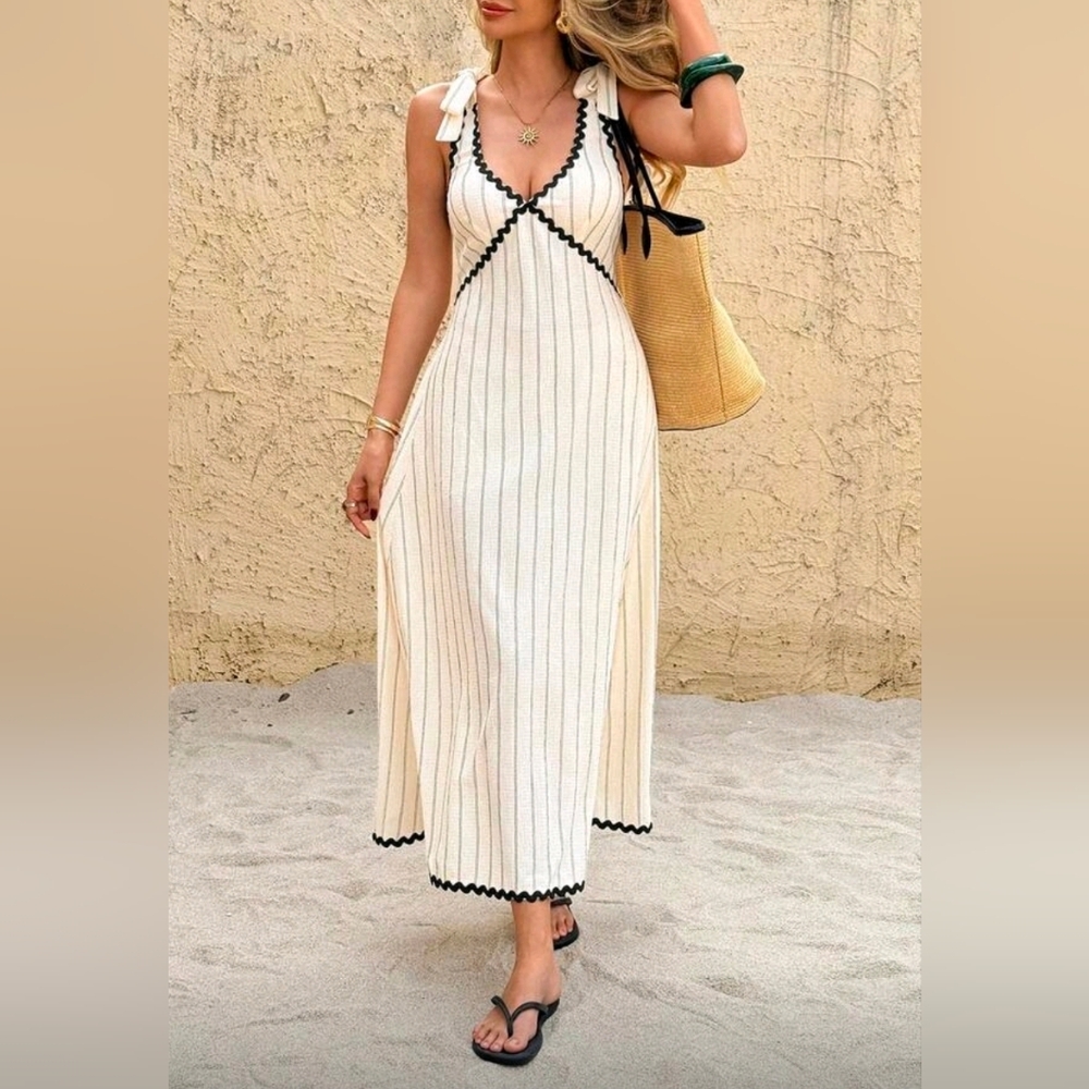 New Flowy Tie Strap Rickrack Trim Long Dress Cream Tan Black - Picture 7 of 10